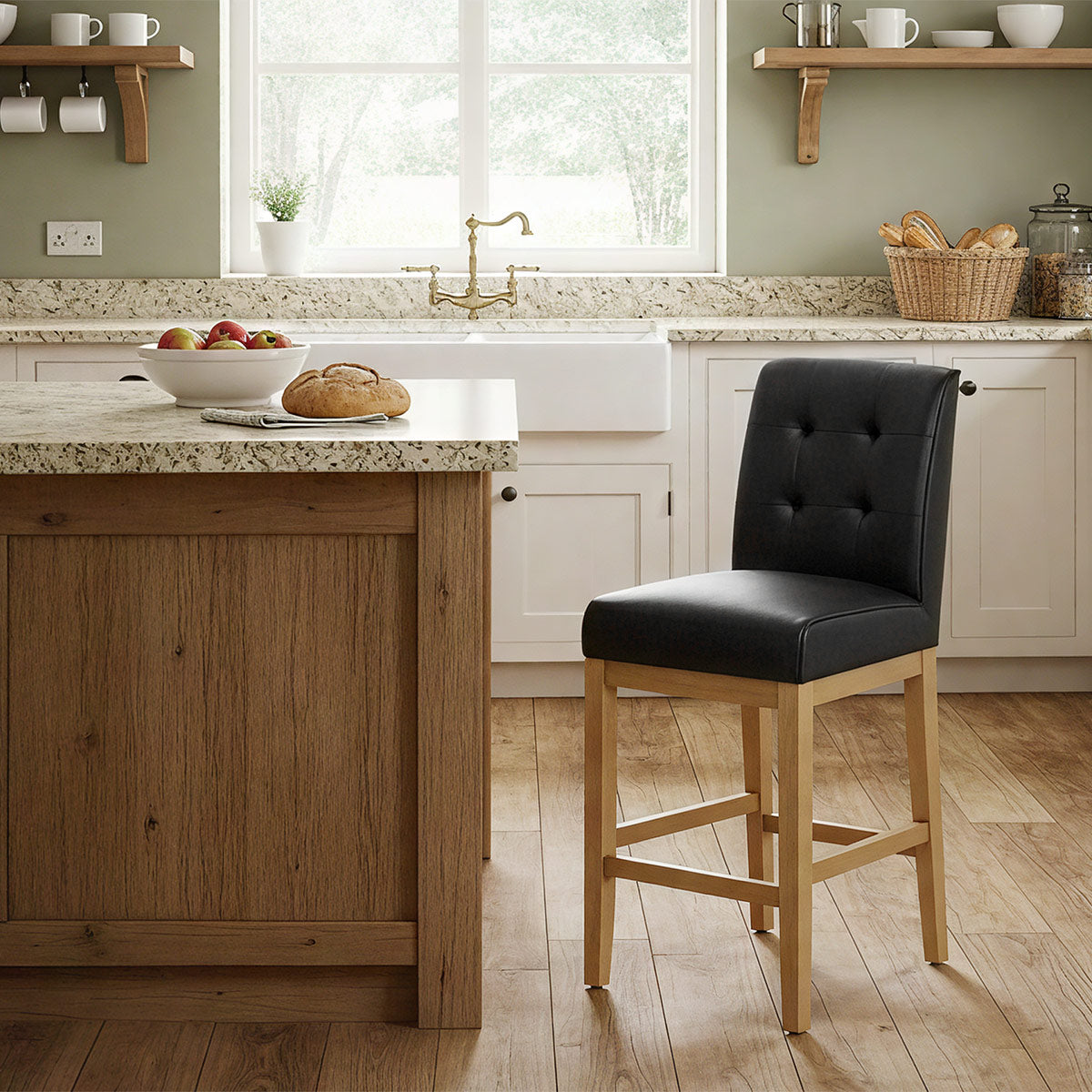 Sgabello Vera Pelle Legno - Ashby Nero