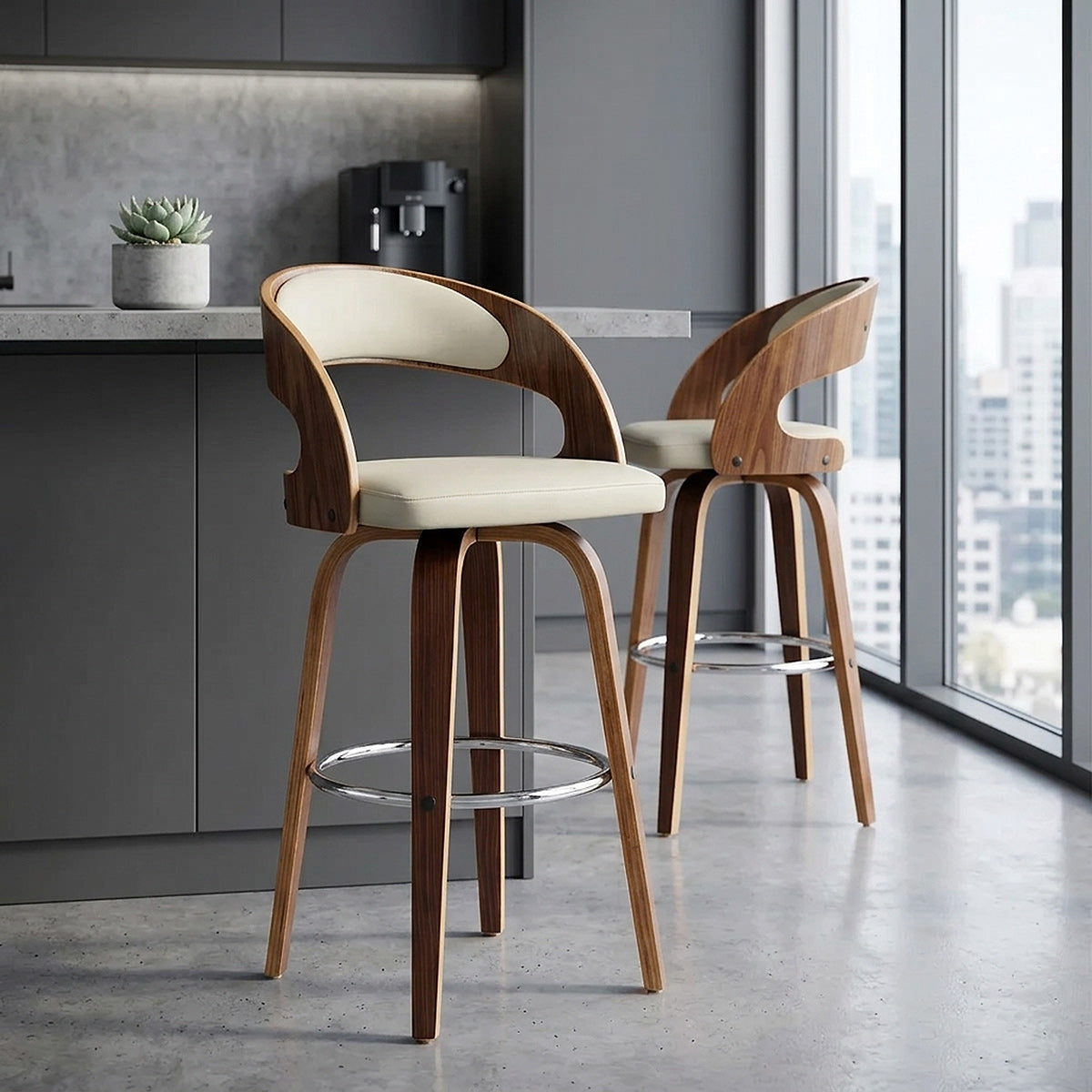 Kunstleder Holzbarhocker - Alicia Beige