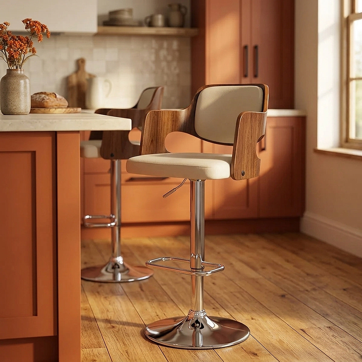 Kunstleder Holzbarhocker Chrom - Amazon Beige
