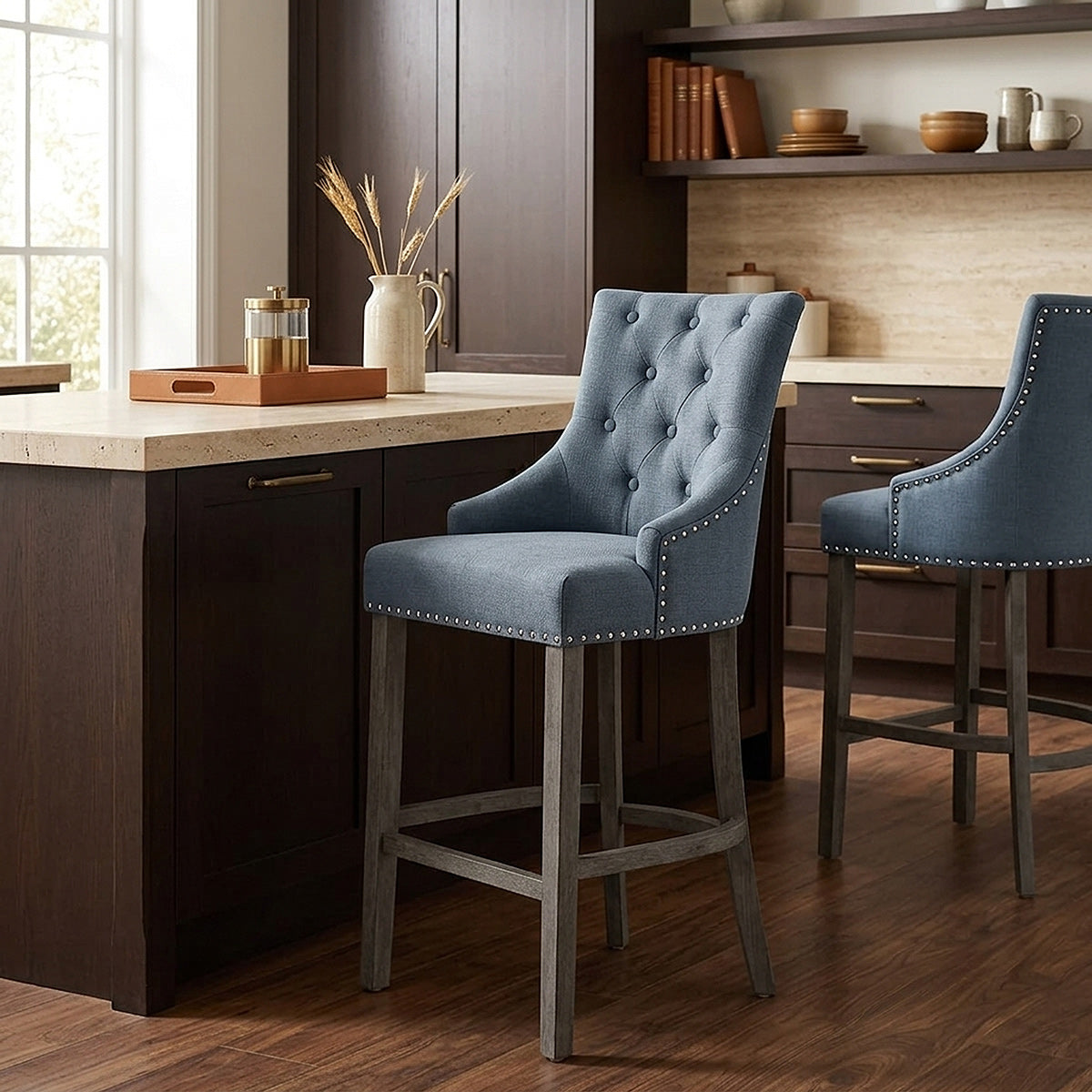Sgabello Tessuto Legno Grigio - Ascot Blu