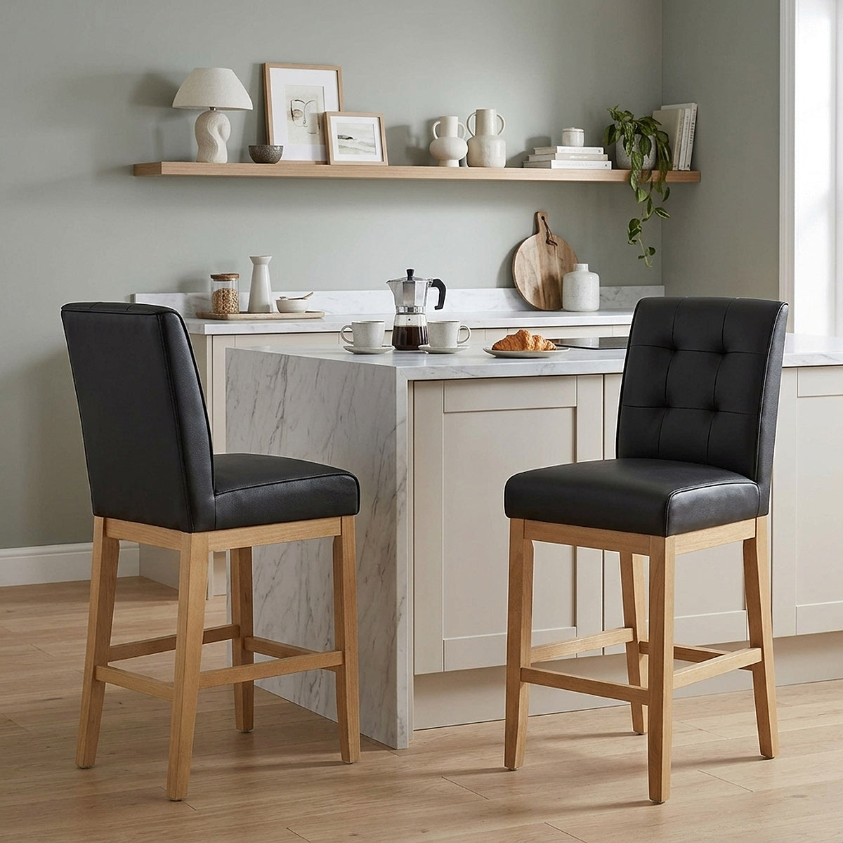 Sgabello Vera Pelle Legno - Ashby Nero