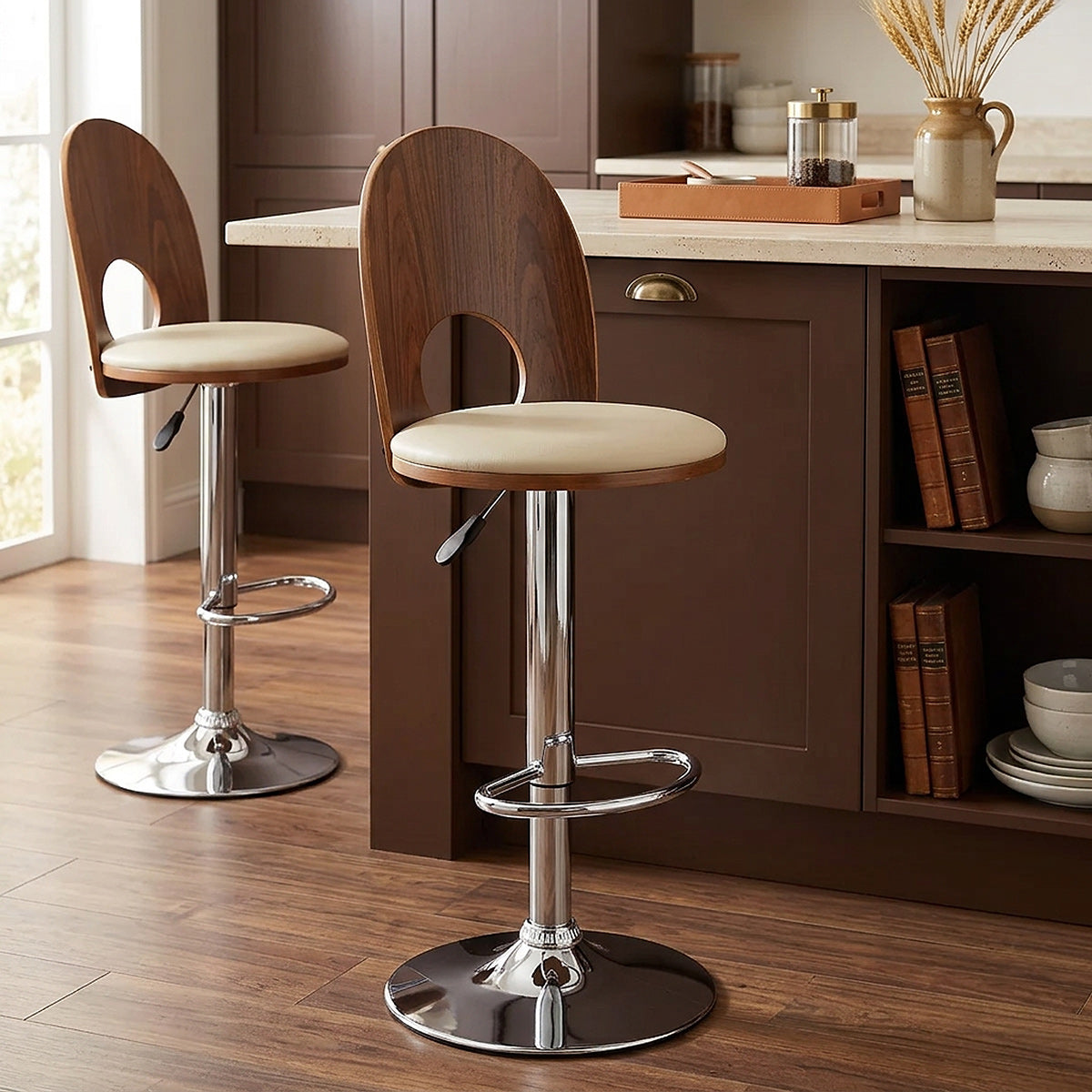 Kunstleder Holzbarhocker Chrom - Bolero Beige