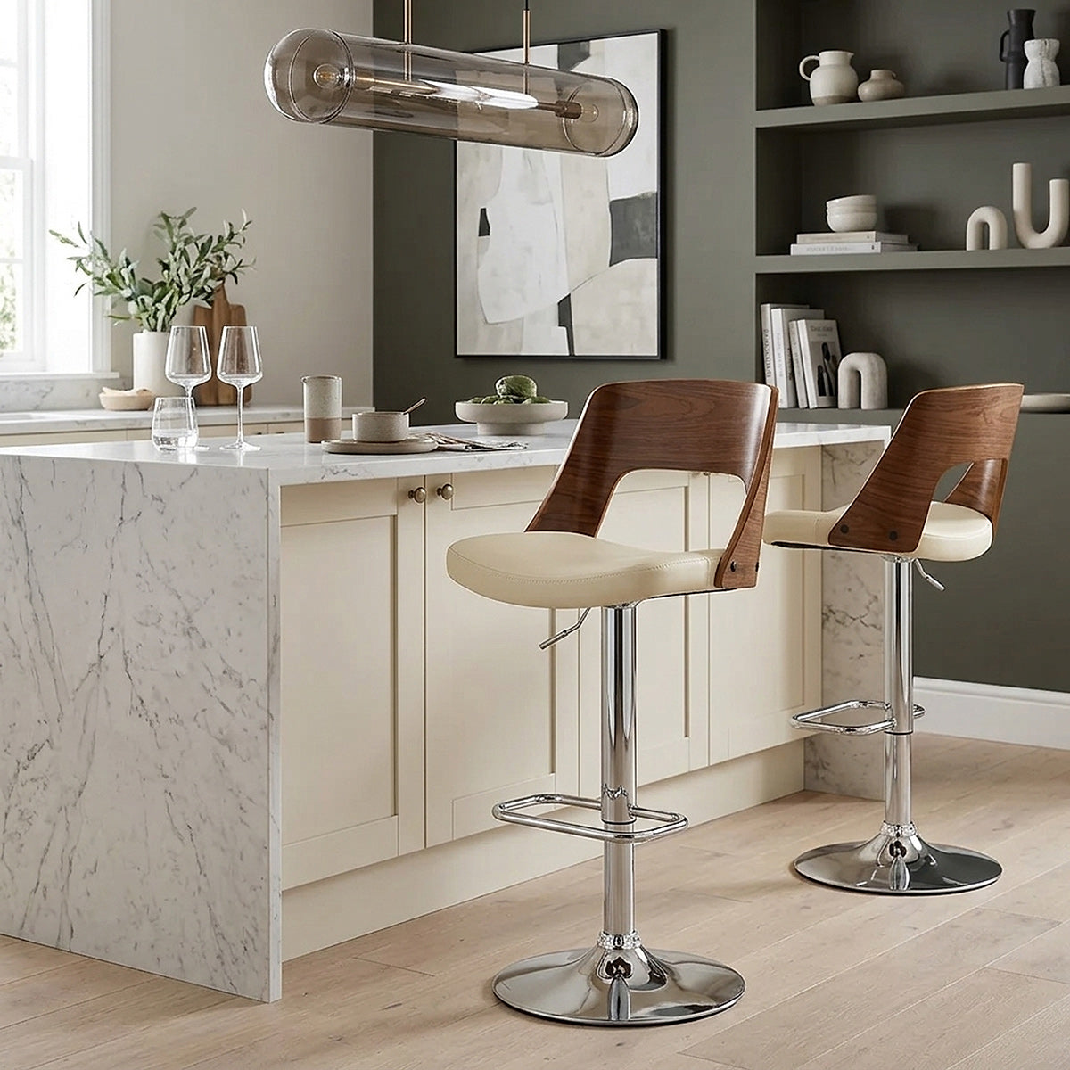 Echtleder Holzbarhocker Chrom - Carmen Beige