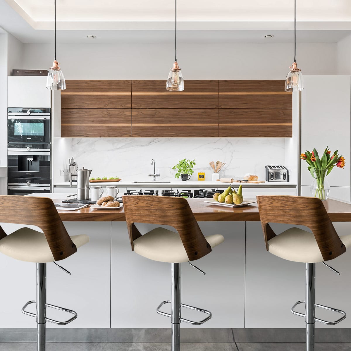 Echtleder Holzbarhocker Chrom - Carmen Beige