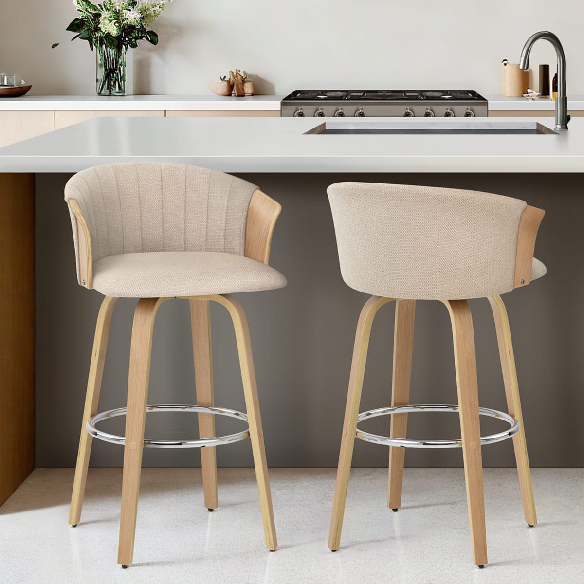 Coral Sgabello da Bar in Rovere e Tessuto Beige