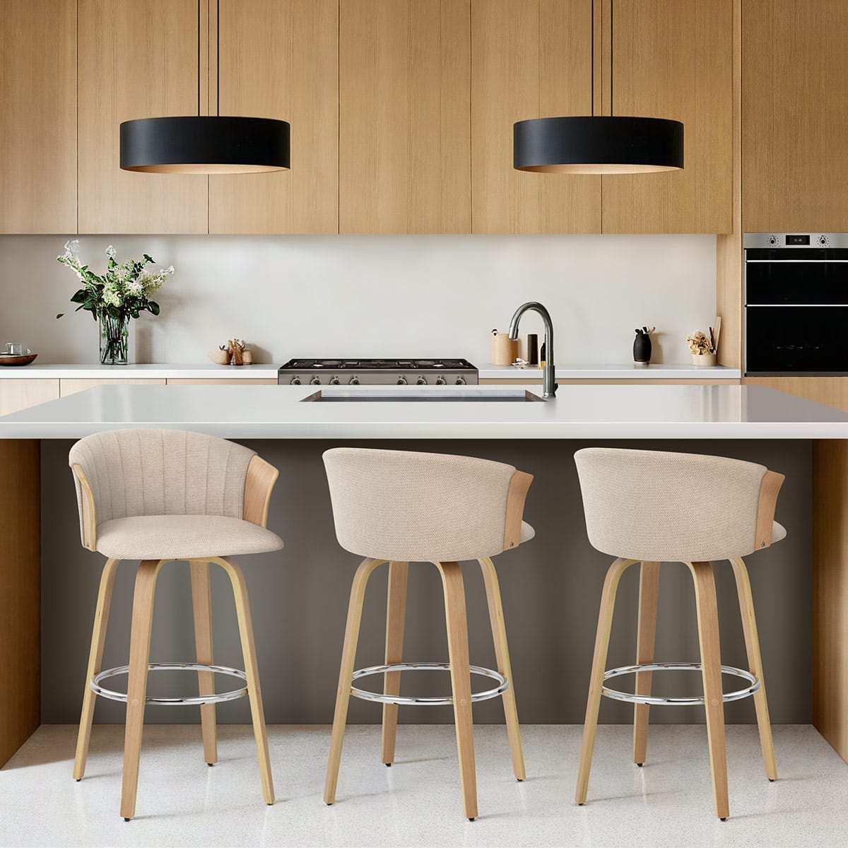 Coral Sgabello da Bar in Rovere e Tessuto Beige