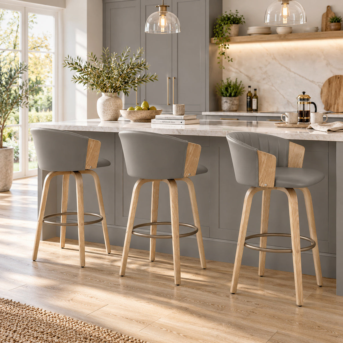 Echtleder Barhocker Eiche - Coral Grau