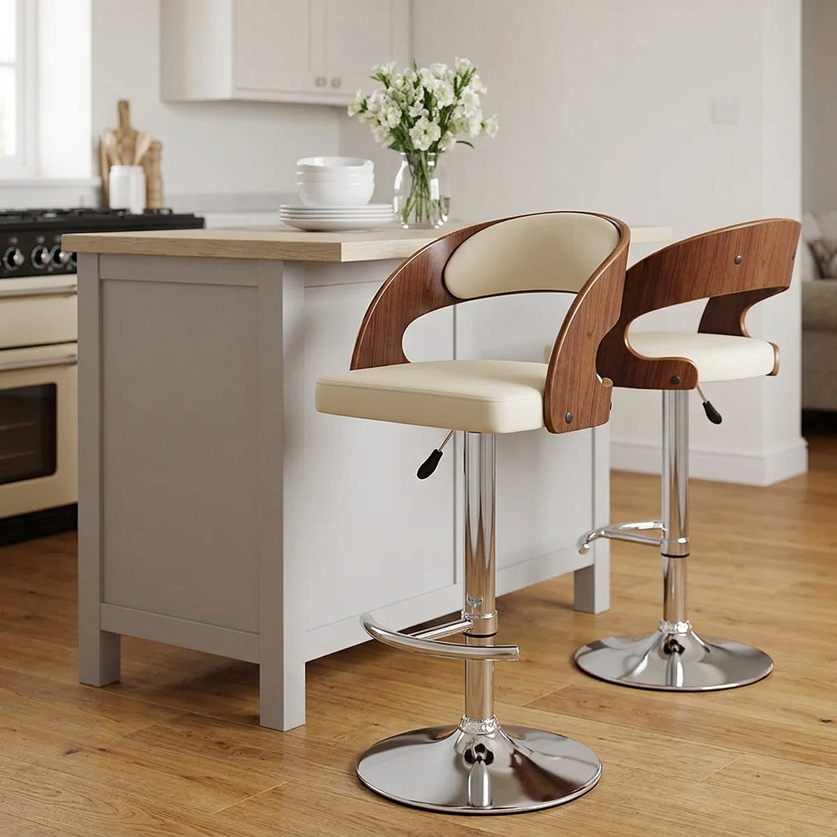 Kunstleder Holzbarhocker Chrom Walnuss - Eve Beige