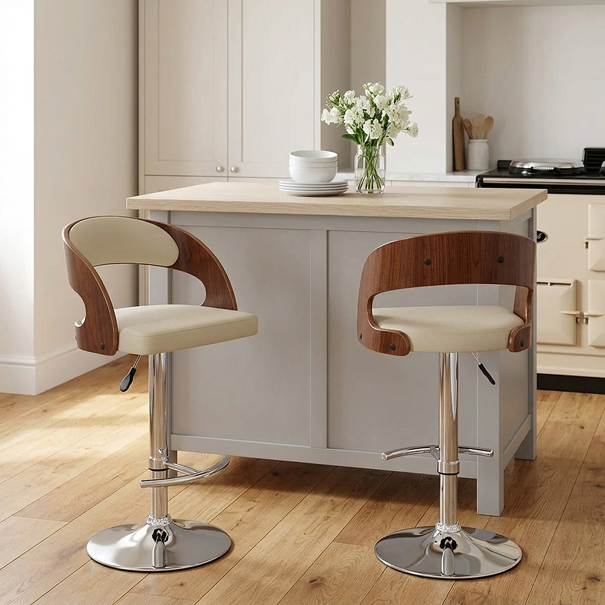 Kunstleder Holzbarhocker Chrom Walnuss - Eve Beige