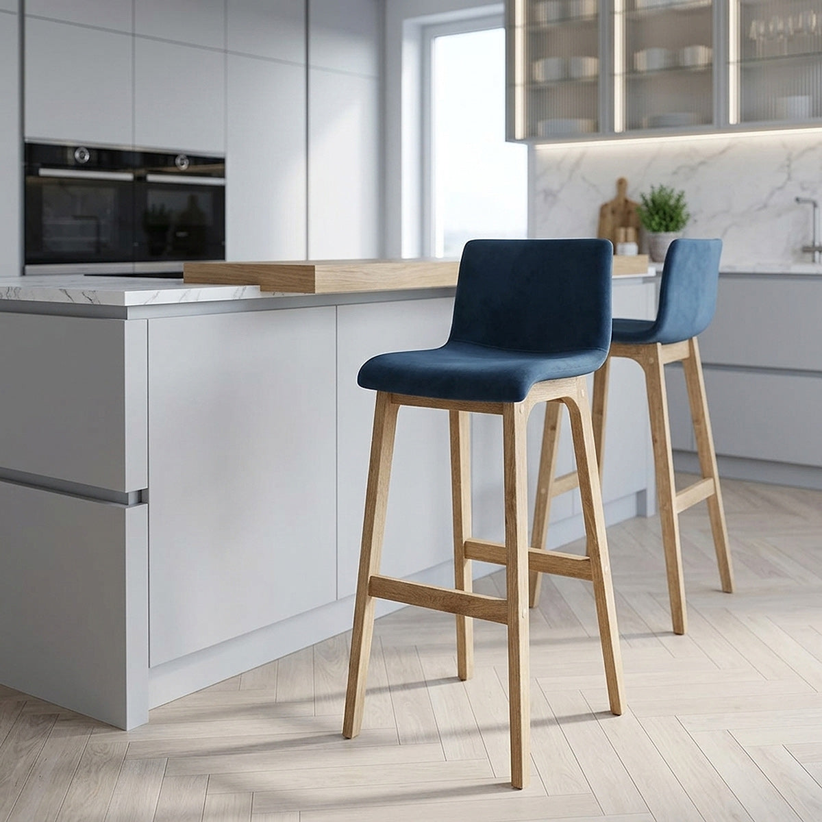 Samt Barhocker Eiche - Hoch Drift Blau