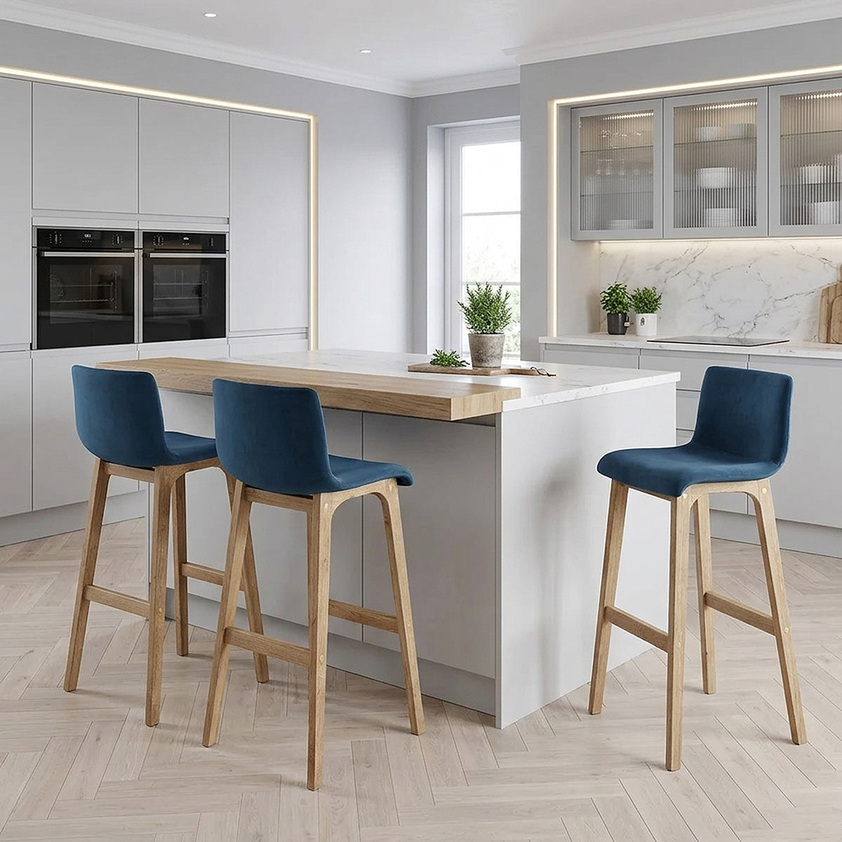 Samt Barhocker Eiche - Hoch Drift Blau