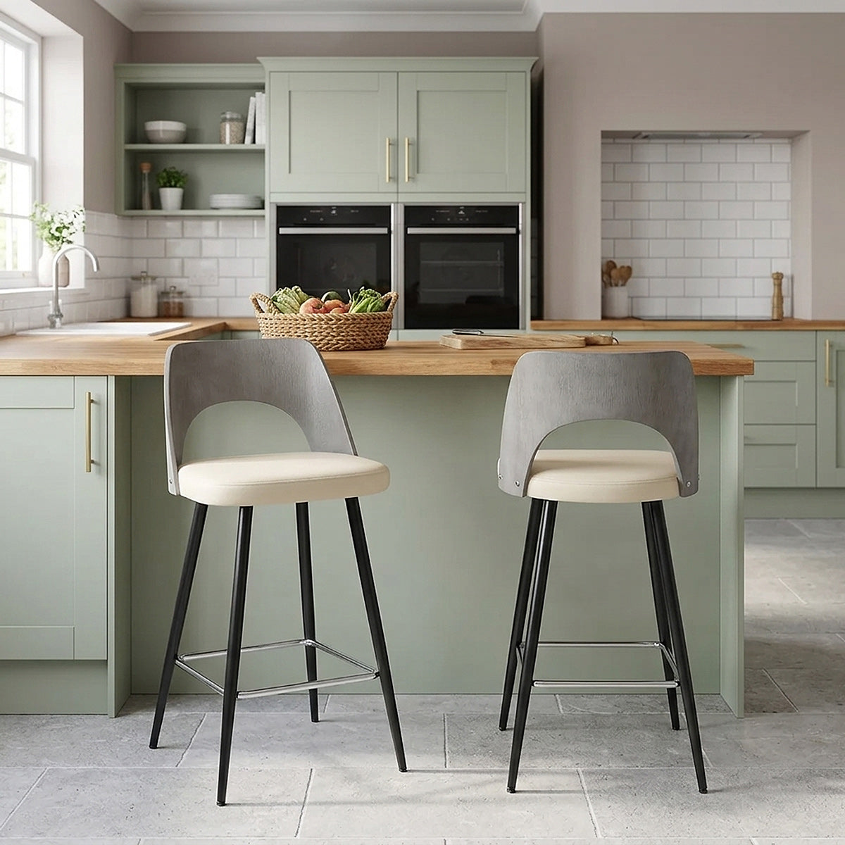 Grauer Holzbarhocker mit Kunstleder - Leo Beige