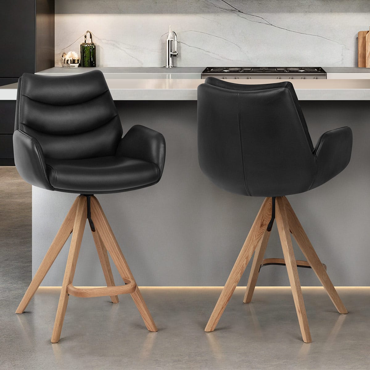 Echtleder Holz-Barhocker - Madrid Schwarz