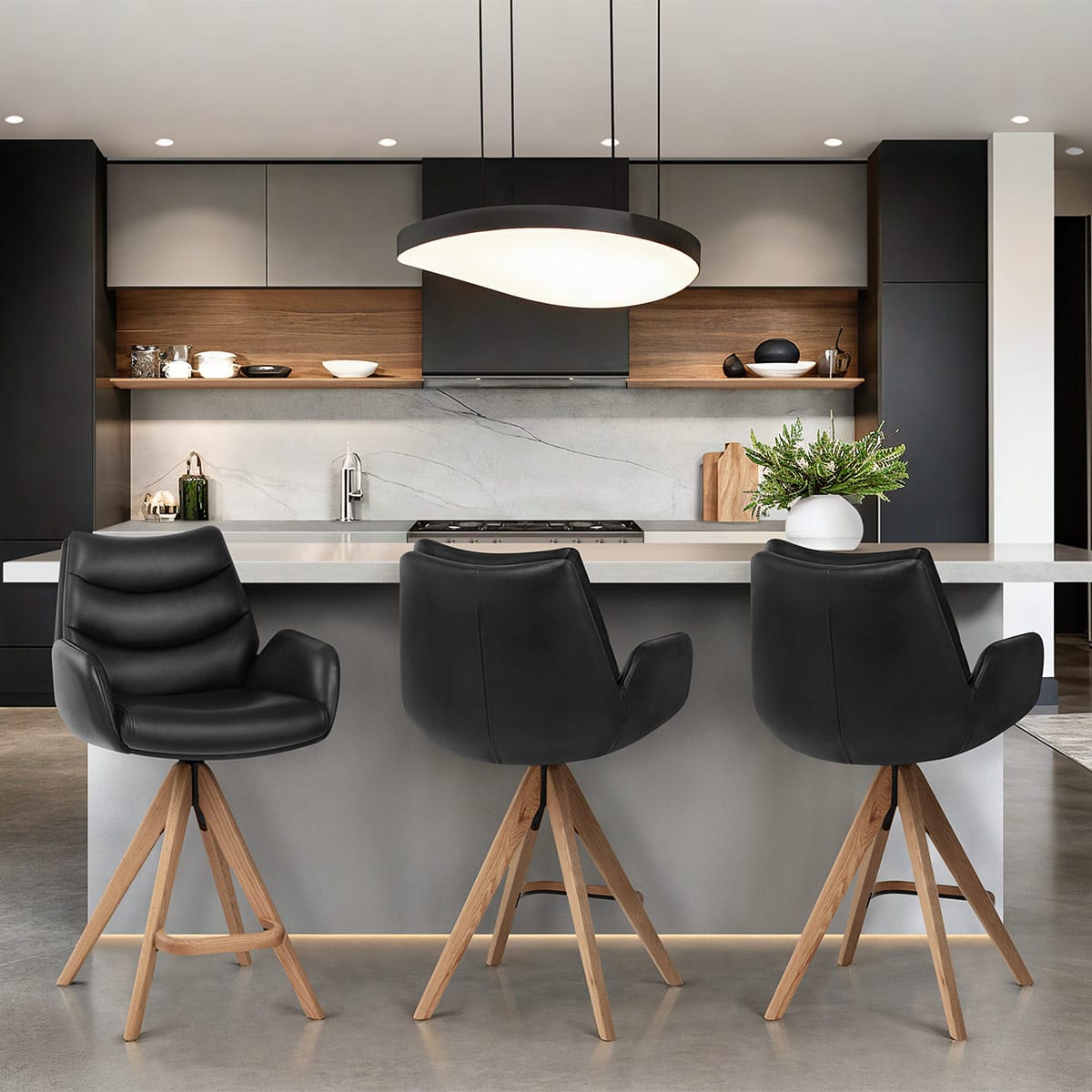 Echtleder Holz-Barhocker - Madrid Schwarz