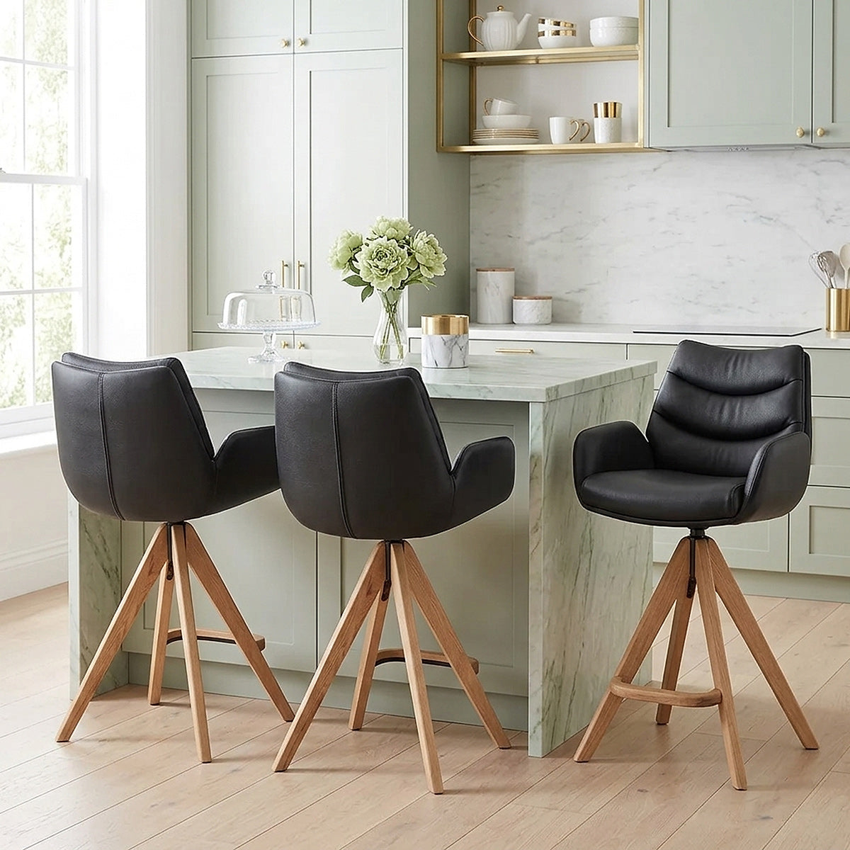 Echtleder Holz-Barhocker - Madrid Schwarz