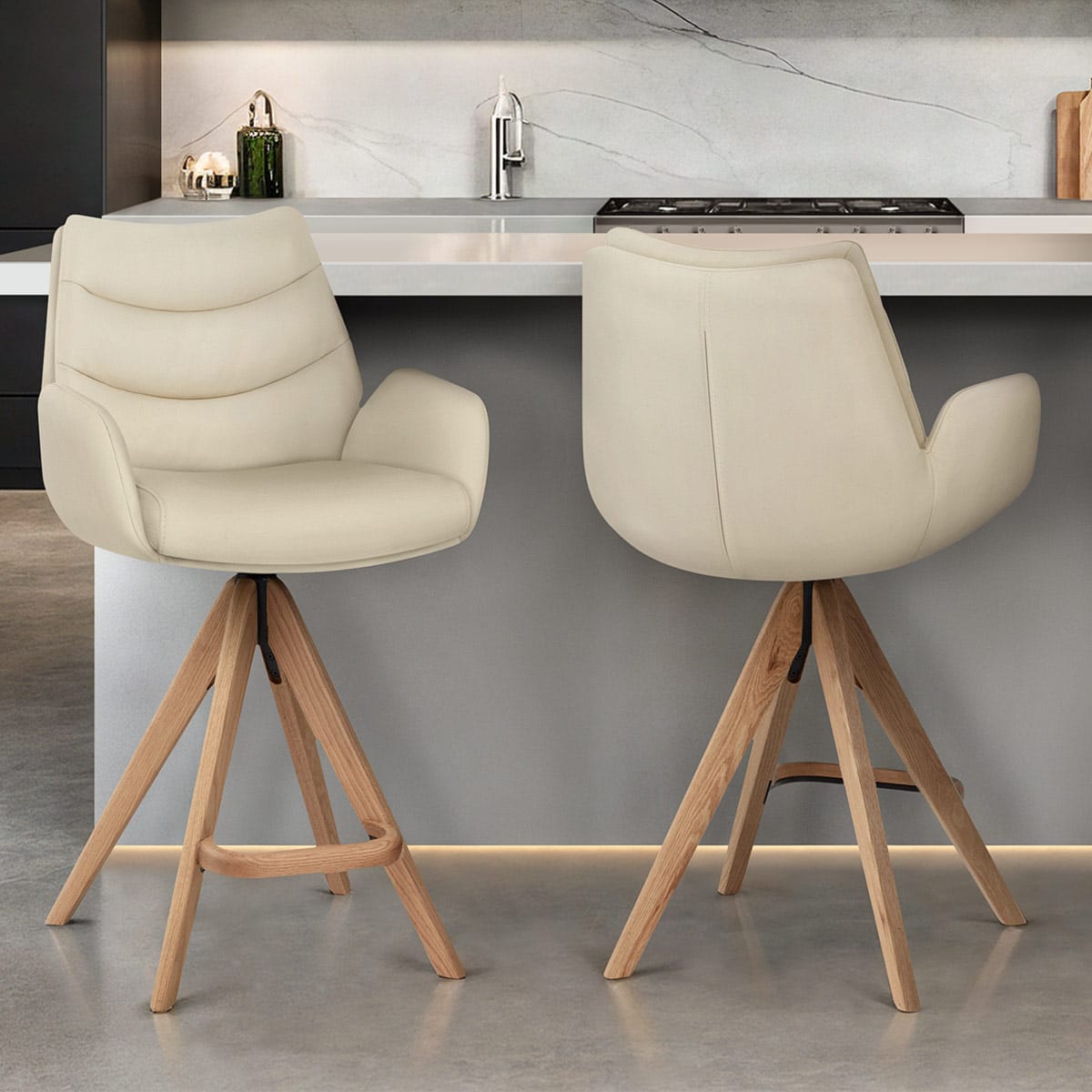 Sgabello Vera Pelle in Legno - Madrid Crema