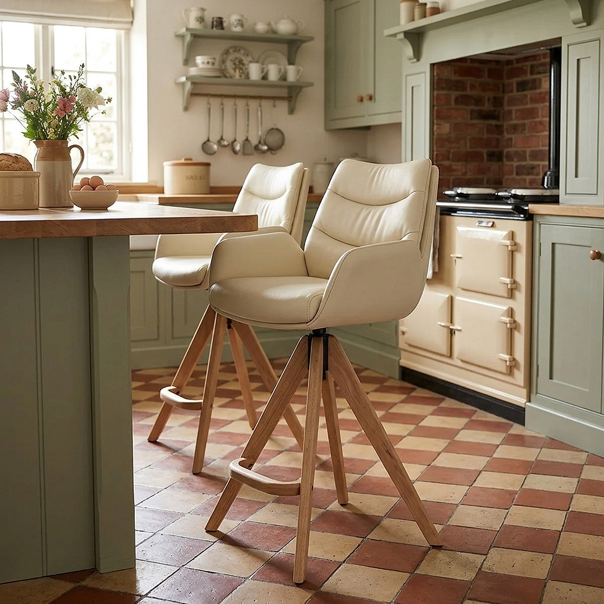 Echtleder Holz-Barhocker - Madrid Beige