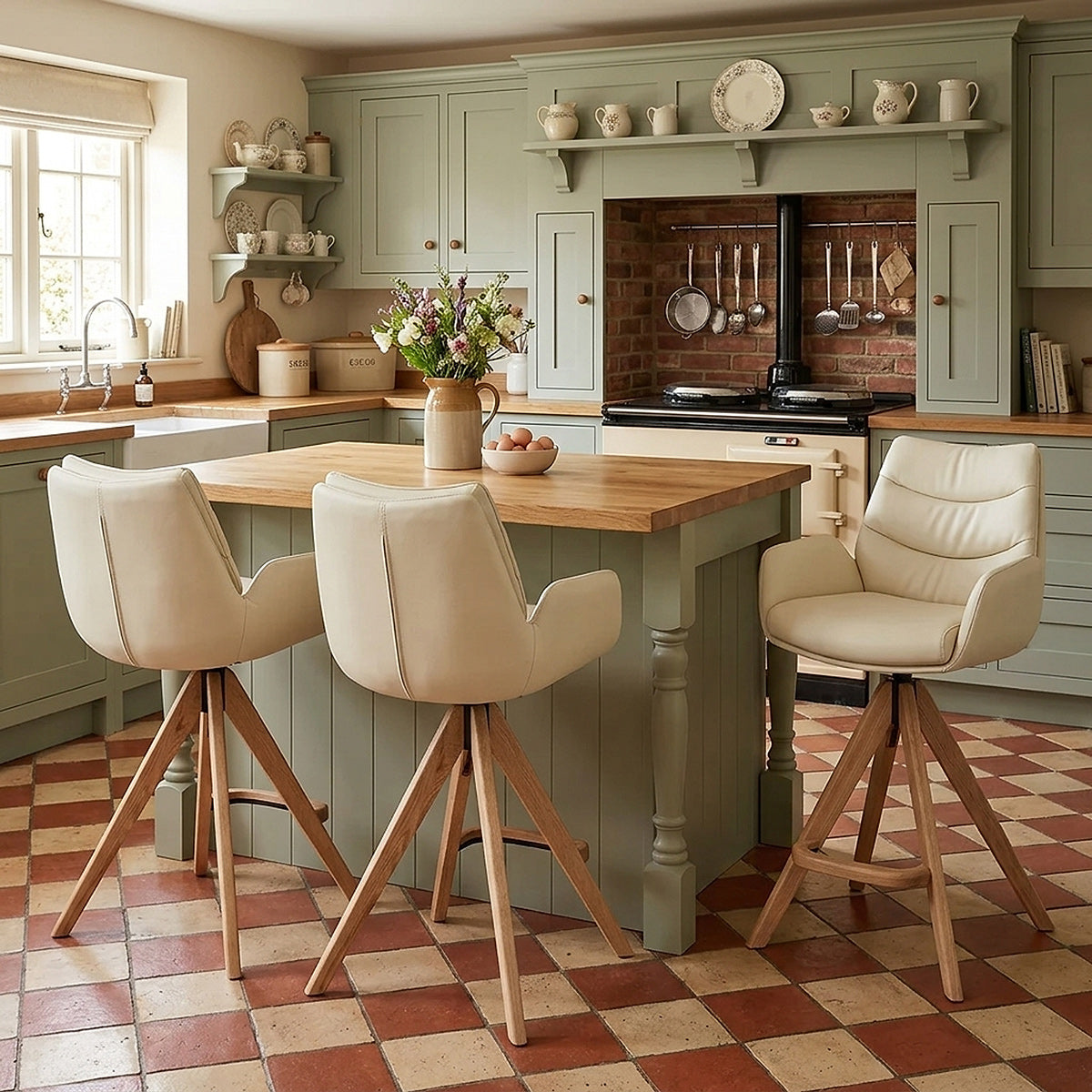 Echtleder Holz-Barhocker - Madrid Beige
