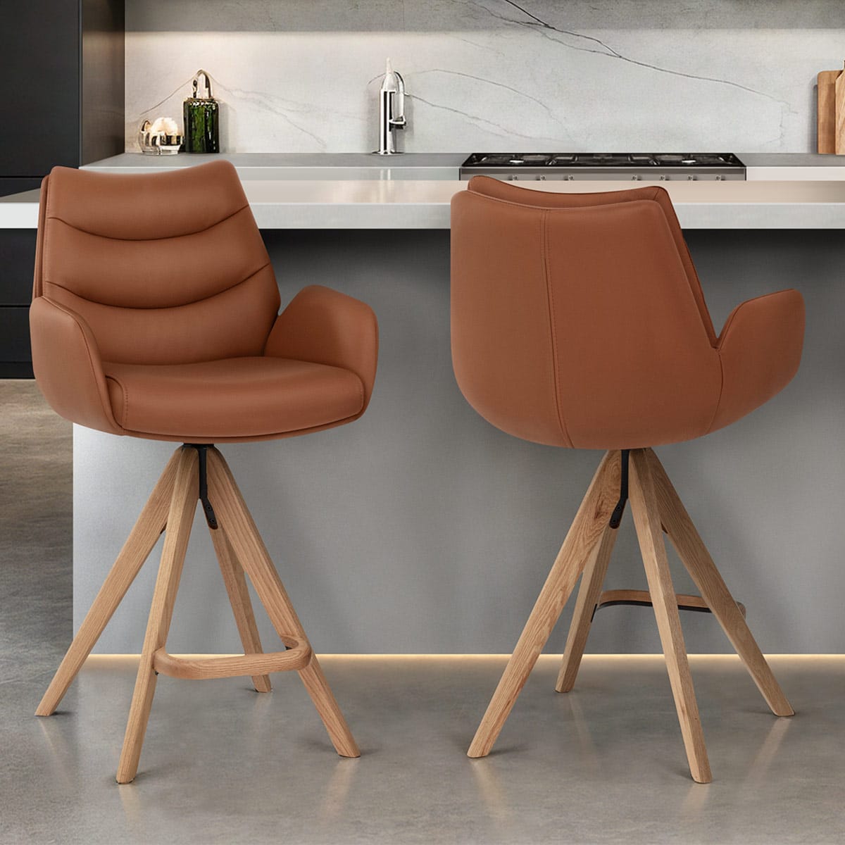 Echtleder Holz-Barhocker - Madrid Braun