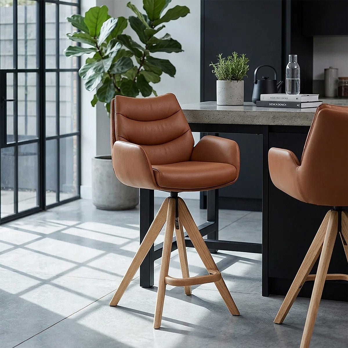 Echtleder Holz-Barhocker - Madrid Braun