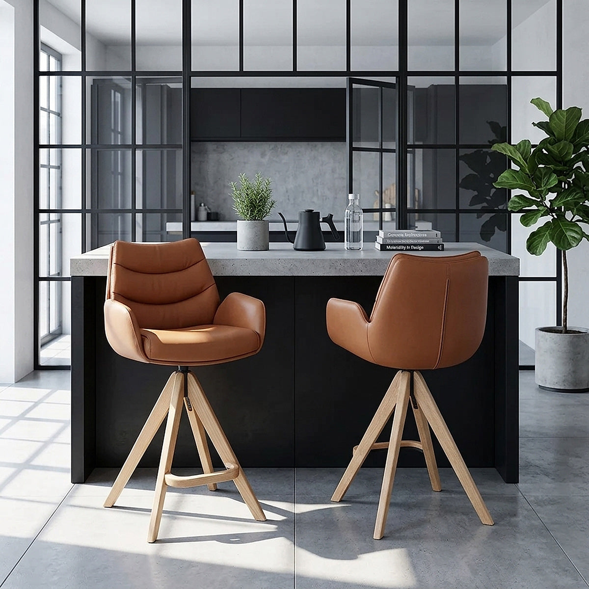 Echtleder Holz-Barhocker - Madrid Braun