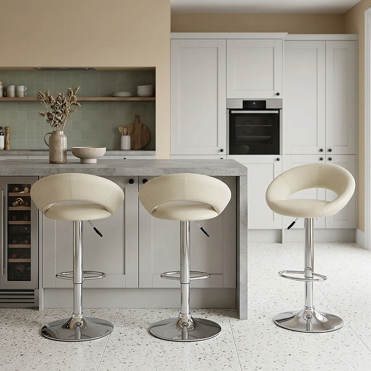 Sgabello Ecopelle Cromato - Crescent Imbottito Crema