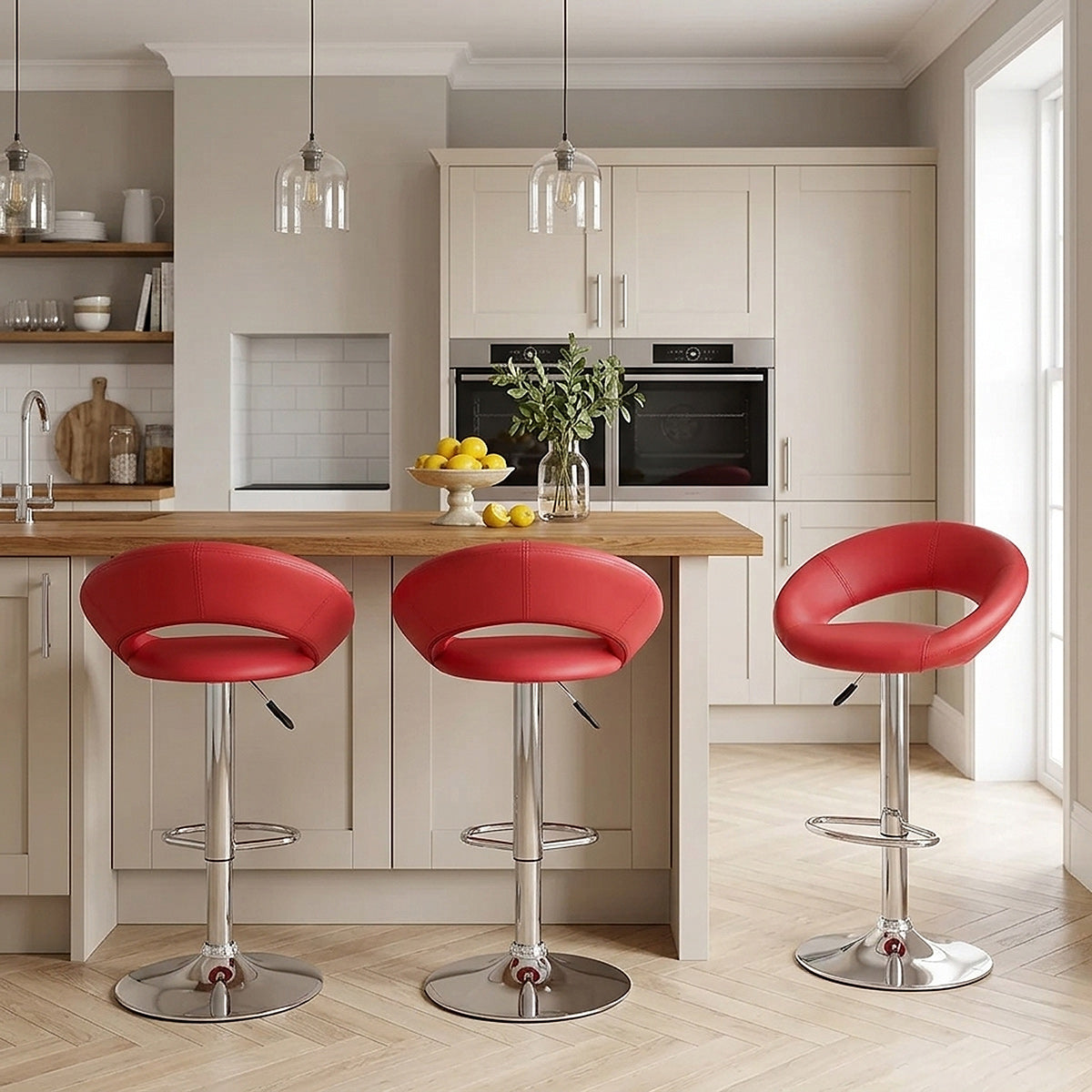 Sgabello Ecopelle Cromato - Crescent Imbottito Rosso