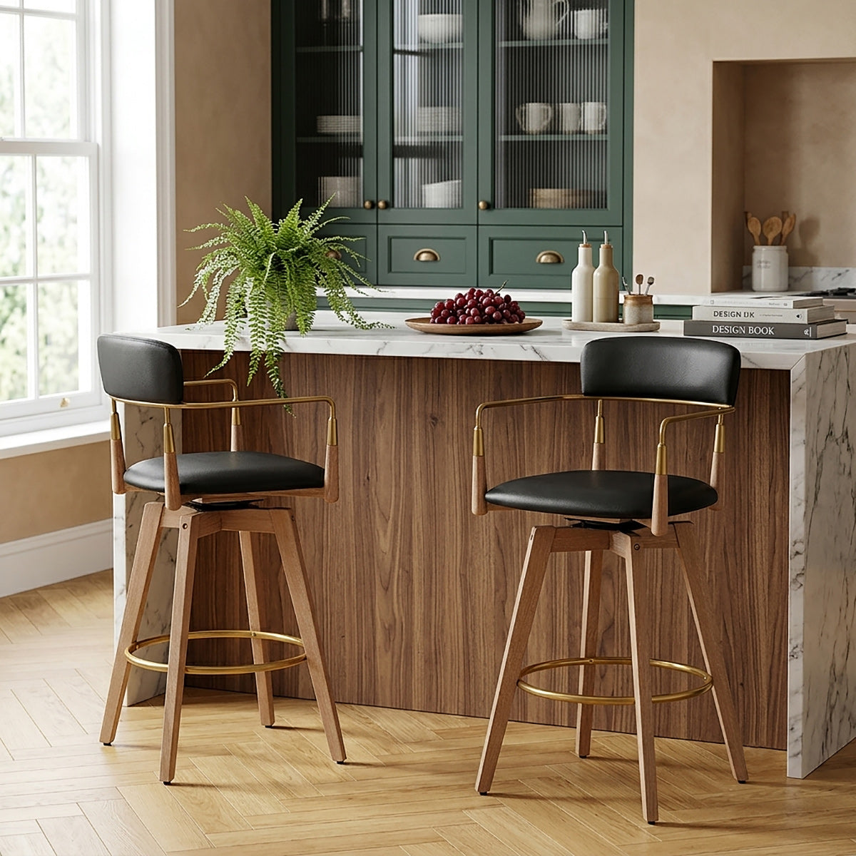 Reed Real Leather Wooden Stool Black