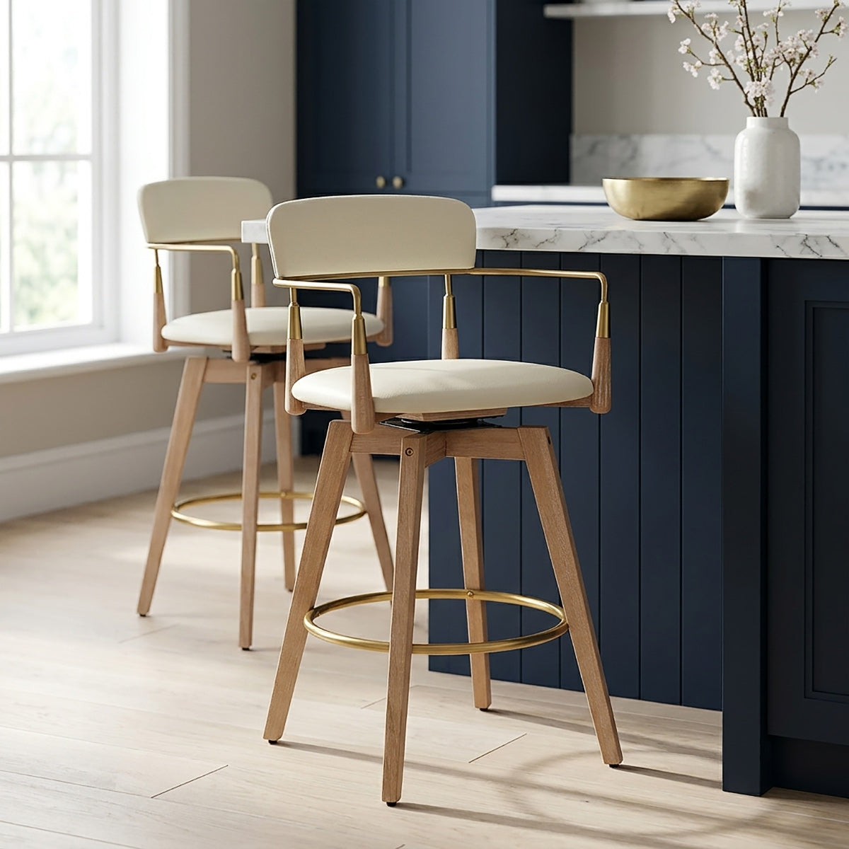 Sgabello Vera Pelle Legno - Reed Crema