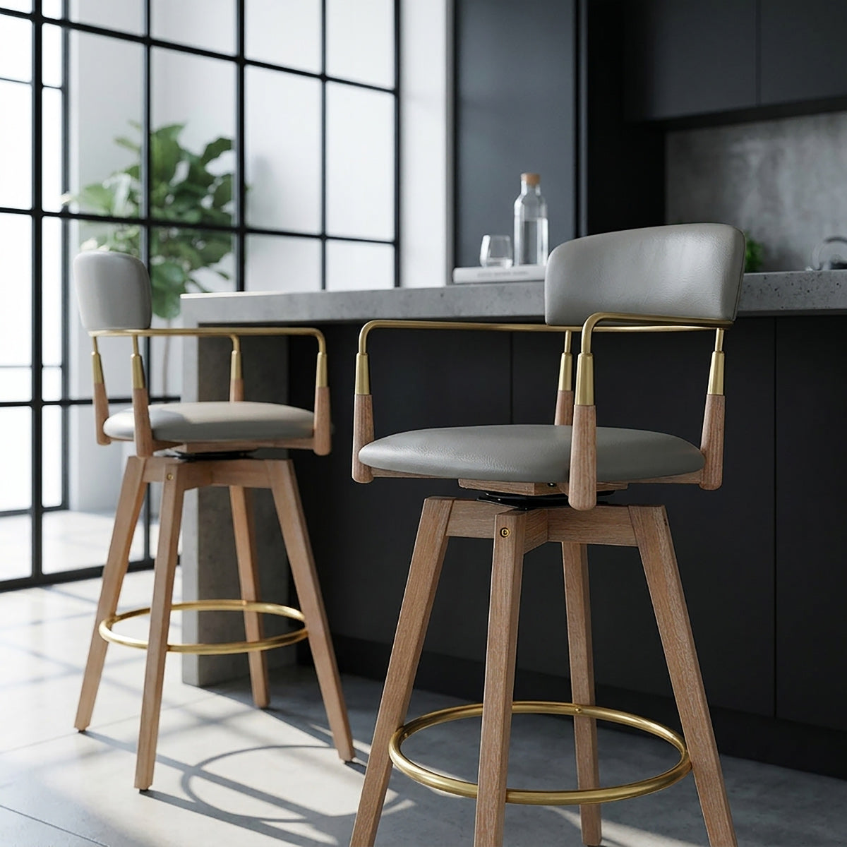 Sgabello Vera Pelle Legno - Reed Grigio