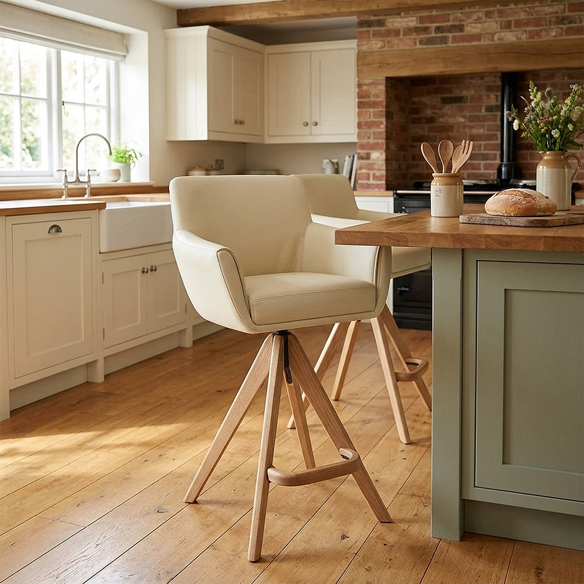 Holzbarhocker Echtleder - Rome Beige