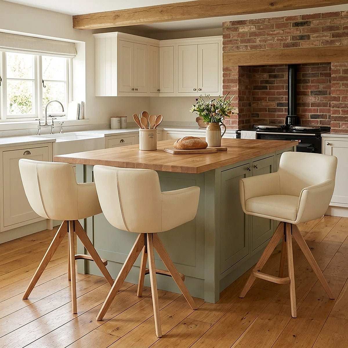 Holzbarhocker Echtleder - Rome Beige