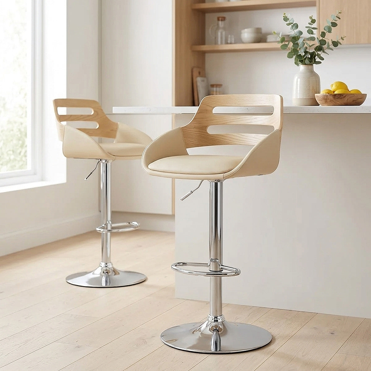 Kunstleder Holzbarhocker - Trio Beige